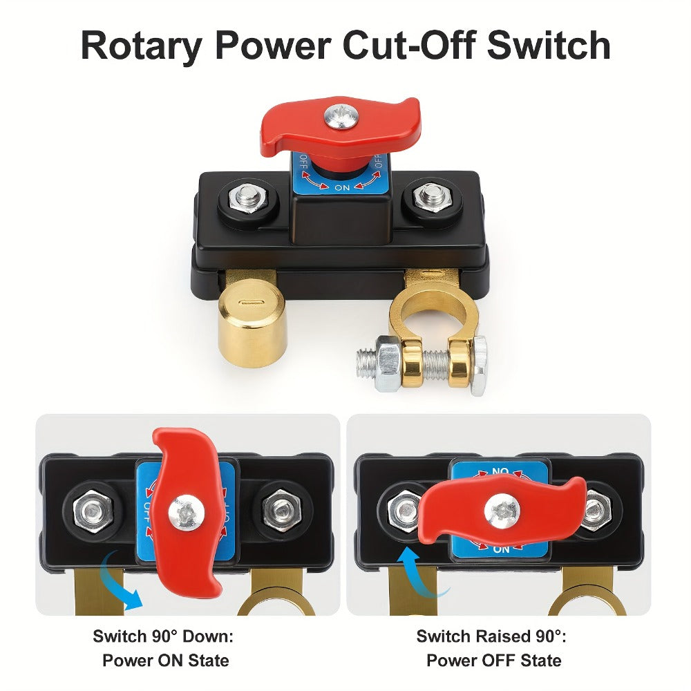 Two-Piece Battery Disconnect Switch Set with Red Rotary Levers and Clamp-Style Terminal Connections