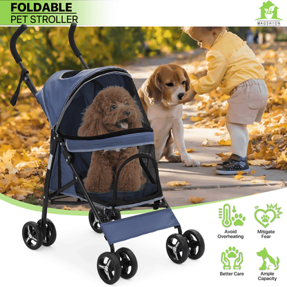 Pet Dog Cat Stroller with 4 Wheels – Foldable Jogger Pet Stroller for Small Medium Dogs & Cats up to 33 lbs, Breathable Mesh Windows