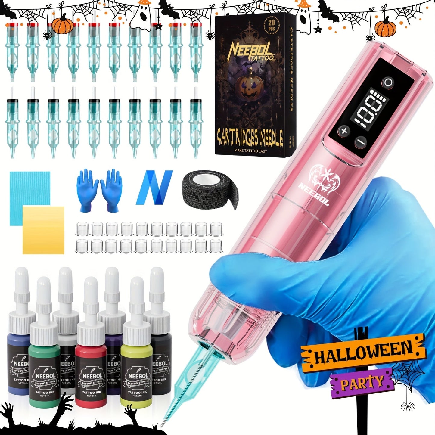 Cordless Tattoo Pen Machine Neebol Wireless Rotary Tattoo Gun with LCD Screen Display for Temporary Body Art, Festivals and Costumes
