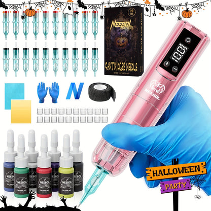 Cordless Tattoo Pen Machine Neebol Wireless Rotary Tattoo Gun with LCD Screen Display for Temporary Body Art, Festivals and Costumes
