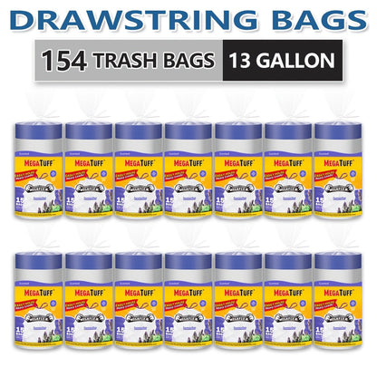 Drawstring Trash Bags with Odor Eliminator Technology – Lemon Mint Scent, Puncture & Tear Resistant, 30 Gal (90 Bags) or 13 Gal (154 Bags)