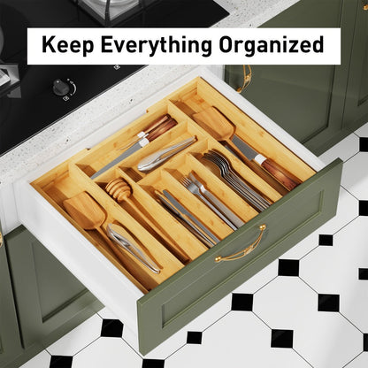 Expandable Bamboo Drawer Organizer with 6–8 Compartments, Sliding Sides and Natural Wood Finish