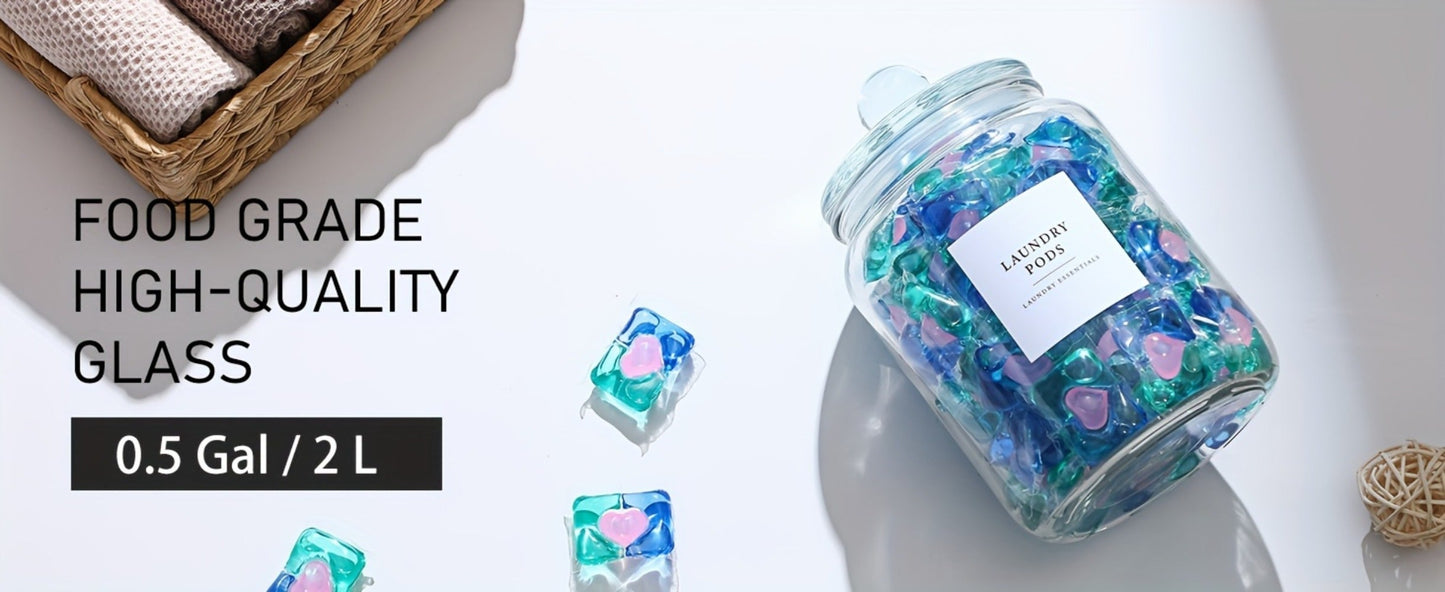 Airtight Glass Jars with Lids Labels and Spoons Half Gallon Storage Canisters for Laundry Detergent Pods Scent Booster Beads Kitchen Pantry