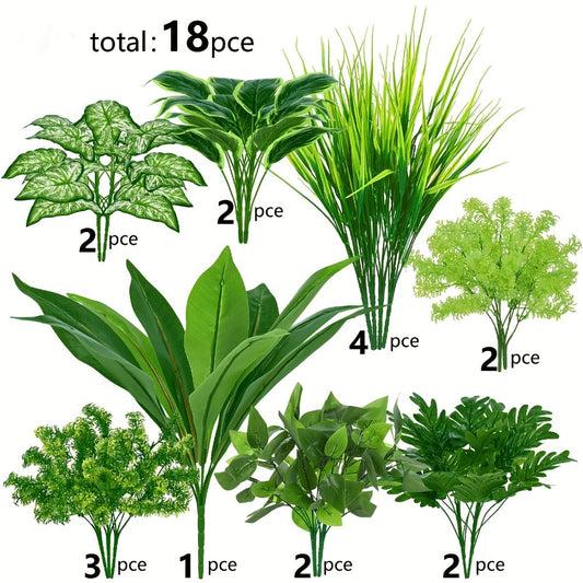 Artificial Boxwood and Greenery Stems, 18-Piece Mixed Set in 11.8 to 17.7-Inch Heights without Planter