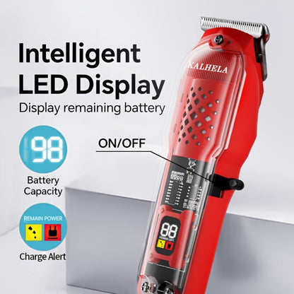 Transparent Electric Hair Clipper with Digital Display, Four Guide Combs, Grooming Tools and Red, Black or Blue Finish