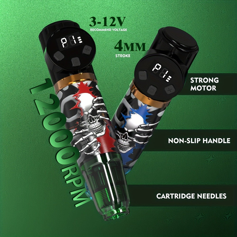 Cordless Tattoo Kit with 1100mAh Skeleton Rotary Pen, 10 Cartridge Needles, 7 Inks and Two Colors