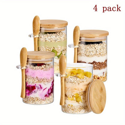 Overnight Oats Jars with Bamboo Lids & Spoons, 500ml Glass Meal Prep Containers, Dessert Bowl Set for Chia Pudding