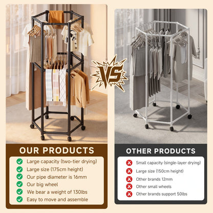 Rolling Hexagon Clothes Drying Rack 1 or 2 Layer, Sturdy Metal Floor Stand with Wheels, Multi-Bar & 10 Clips