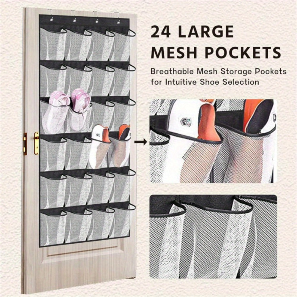 Over Door Shoe Organizer 24 Large Mesh Pockets, Foldable Breathable Hanging Storage Rack for Entryways, Bedrooms and Living Spaces