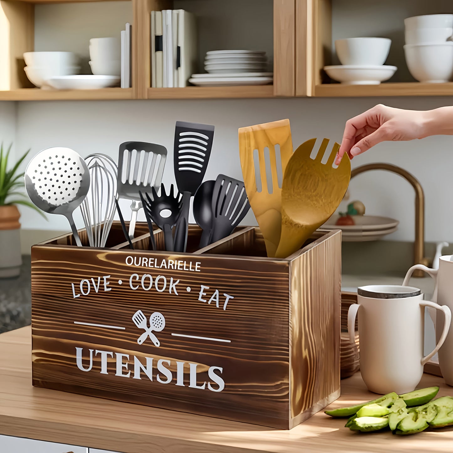 Wooden Cutlery Storage Box with Grid Compartments Chopstick Organizer Rack with Metal for Home Cooking, Dining and Outdoor Meals