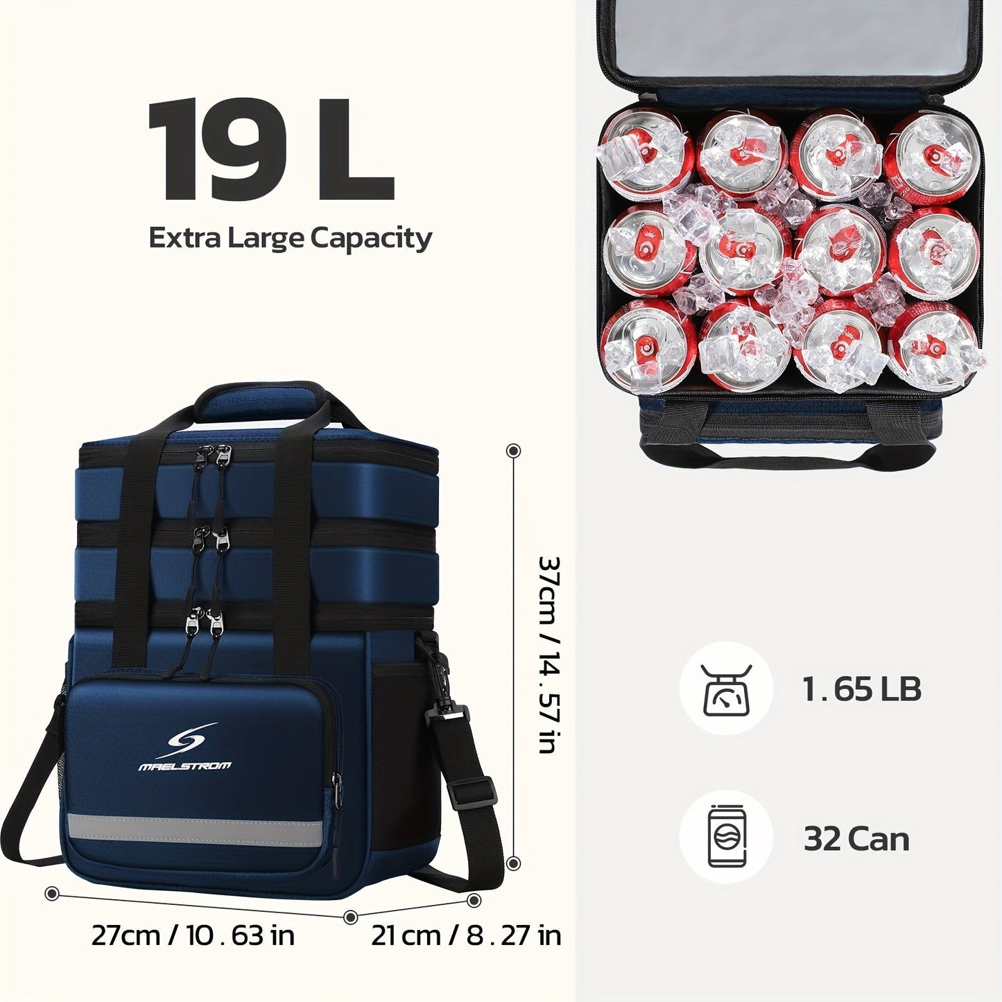 19L Triple-Compartment Lunch Bag with Three Stacked Zippers, Shoulder Strap and Four Color Options