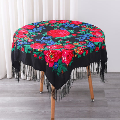 Tablecloth Square 53-Inch Floral Cover with Tassel Trim, Polyester Fabric and Six Color Options