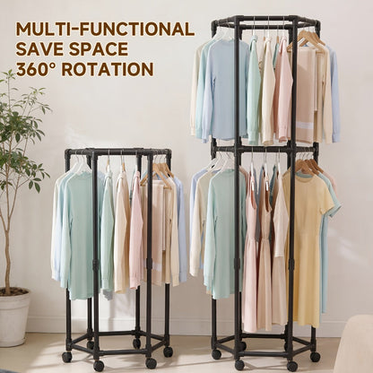 Rolling Hexagon Clothes Drying Rack 1 or 2 Layer, Sturdy Metal Floor Stand with Wheels, Multi-Bar & 10 Clips