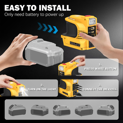 180W Power Inverter Adapter for DeWalt-Style 20V Battery Interface with AC, USB-A, USB-C and LED Light