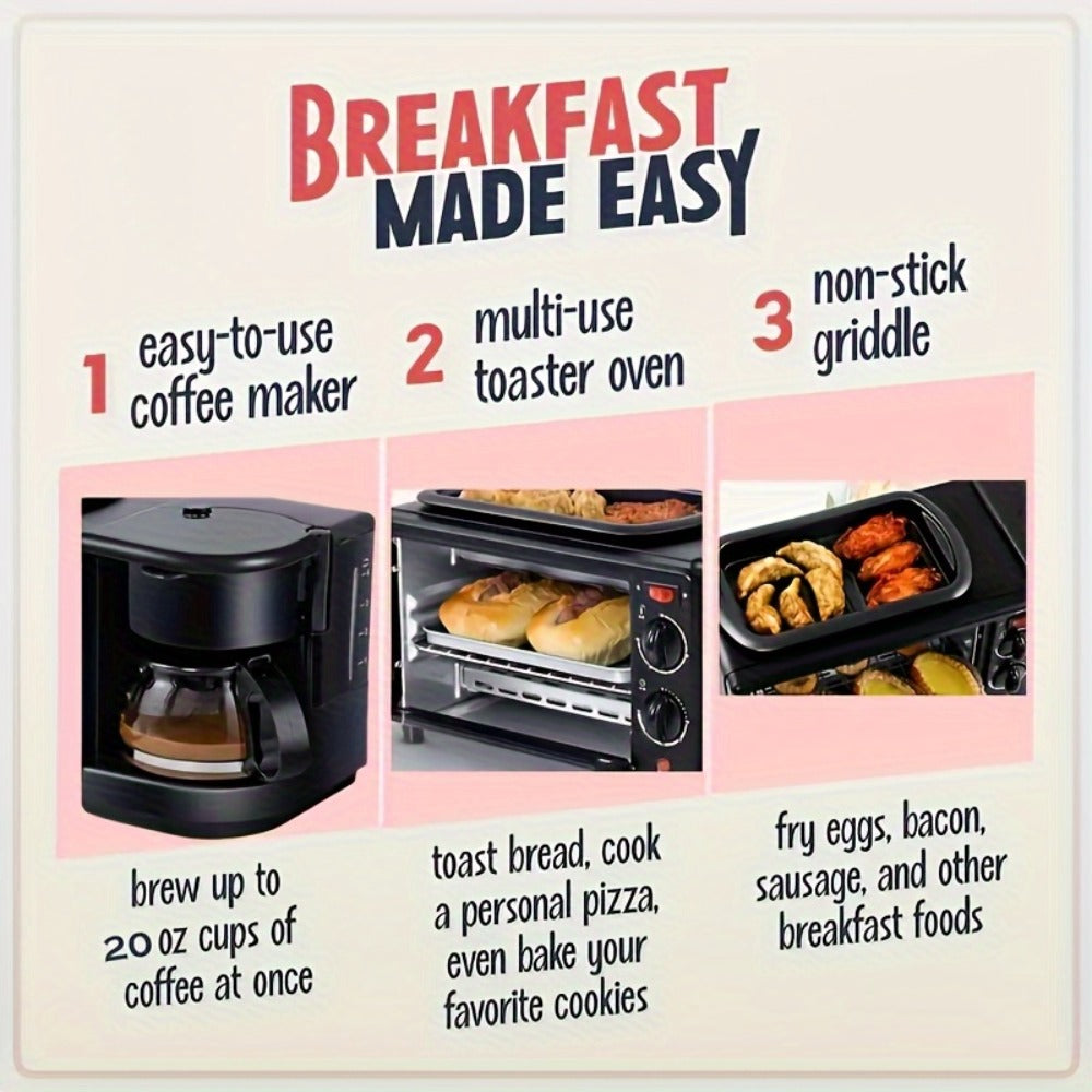 3-in-1 Breakfast Station Maker - Coffee Maker + Toaster + Frying Pan Combo, One-Touch Timing Fast Cooking
