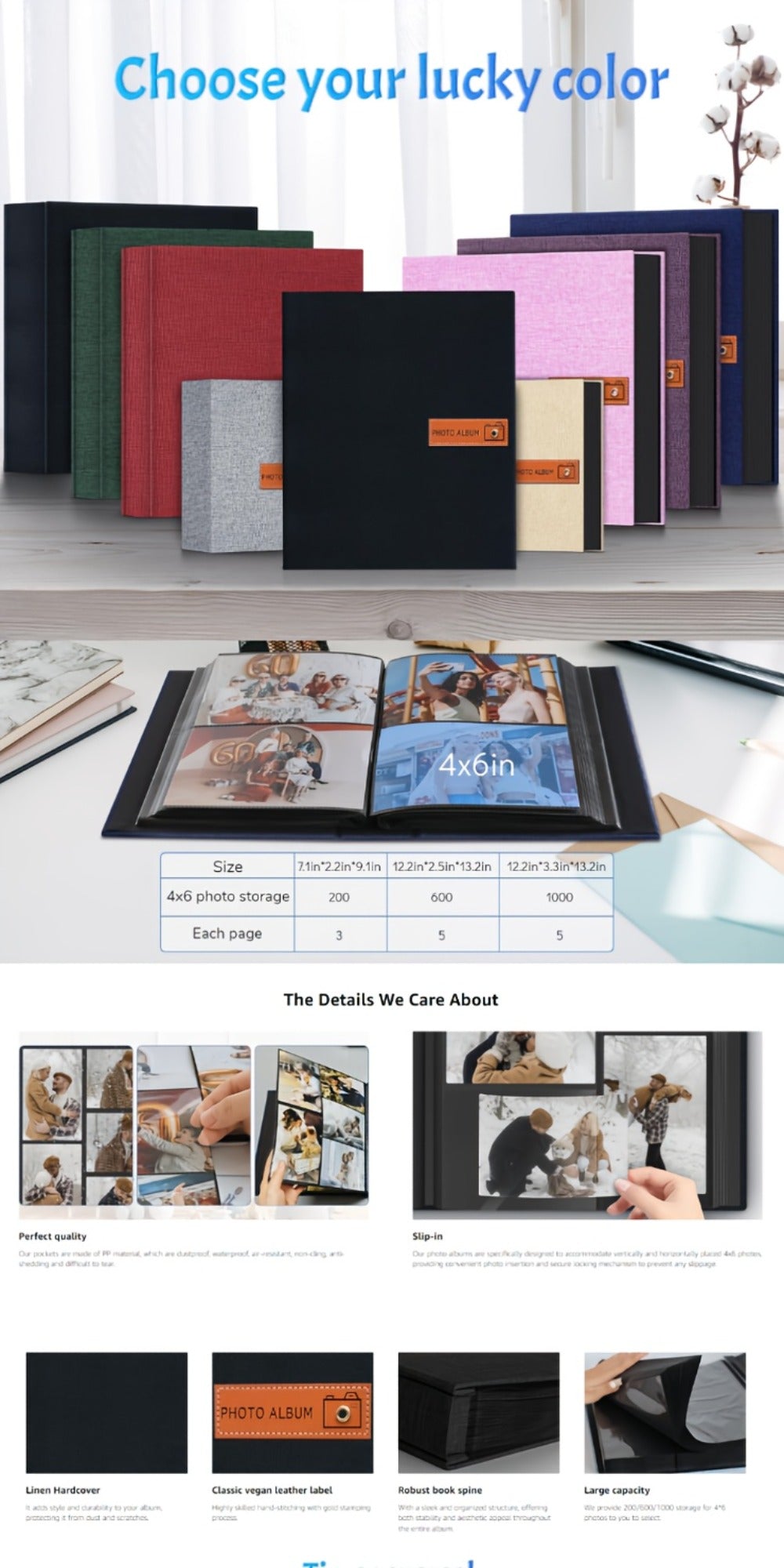 Photo Album 4x6 200 & 1000 Pockets with Label – Linen Hardcover Memory Book for Wedding, Baby, Travel, Anniversary