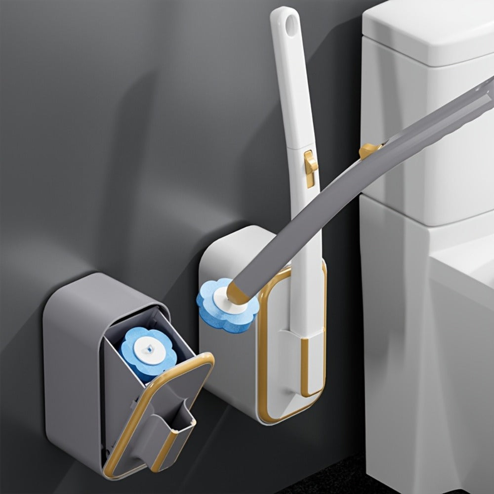 Wall-Mounted Toilet Brush Set with 8 Disposable Heads | No-Drill Easy Install, Long Handle Bathroom Cleaning Brush