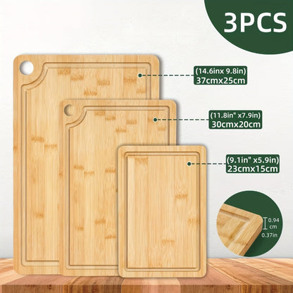 Cutting Board Three-Piece Bamboo Set with Juice Grooves, Carry Handles and Three Nested Sizes
