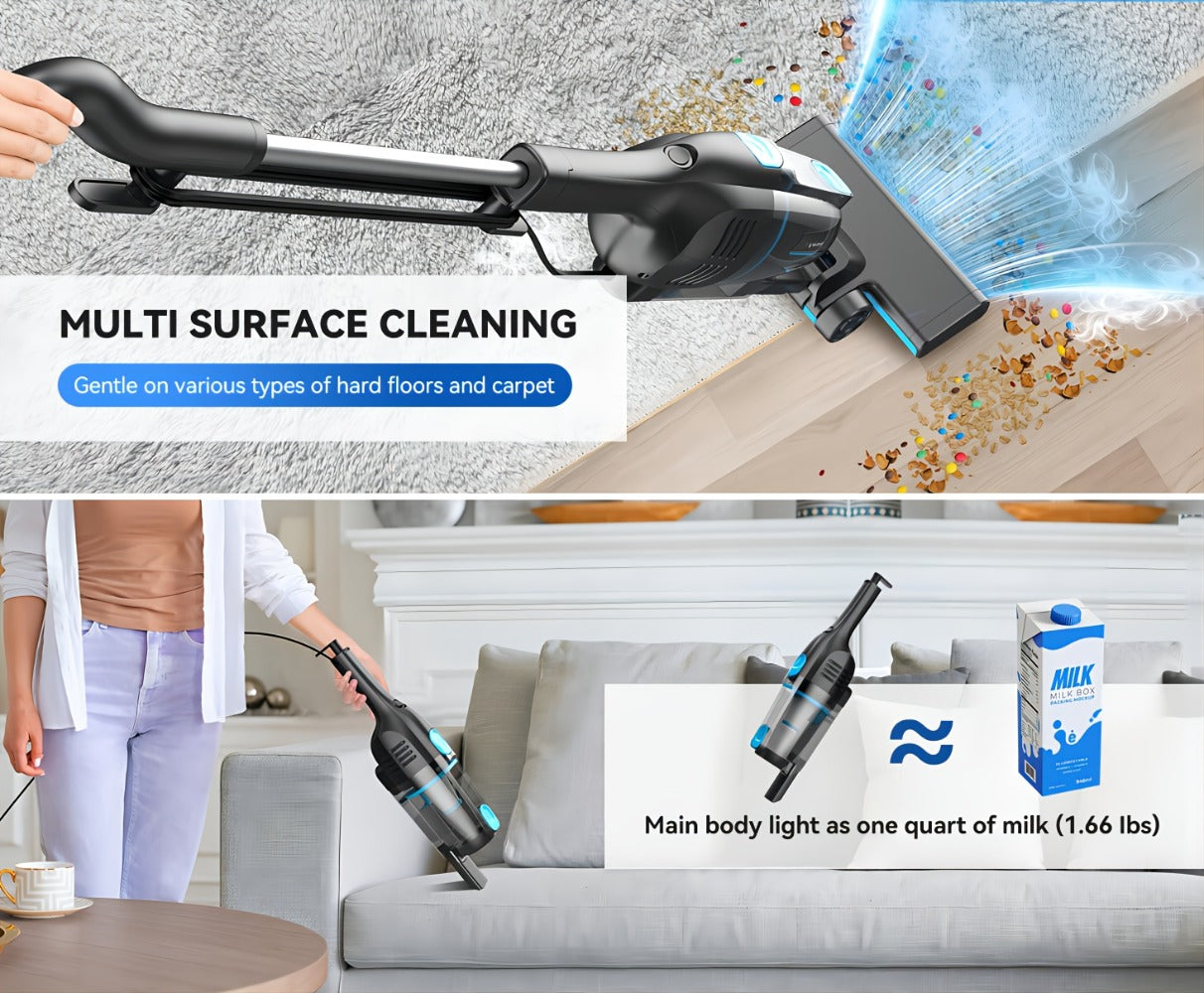 Cordless Stick Vacuum 30KPa 600W Motor 68oz Bagless Upright Vacuum Cleaner for House Car Hard Floor Carpet Pet Hair Multi-Color