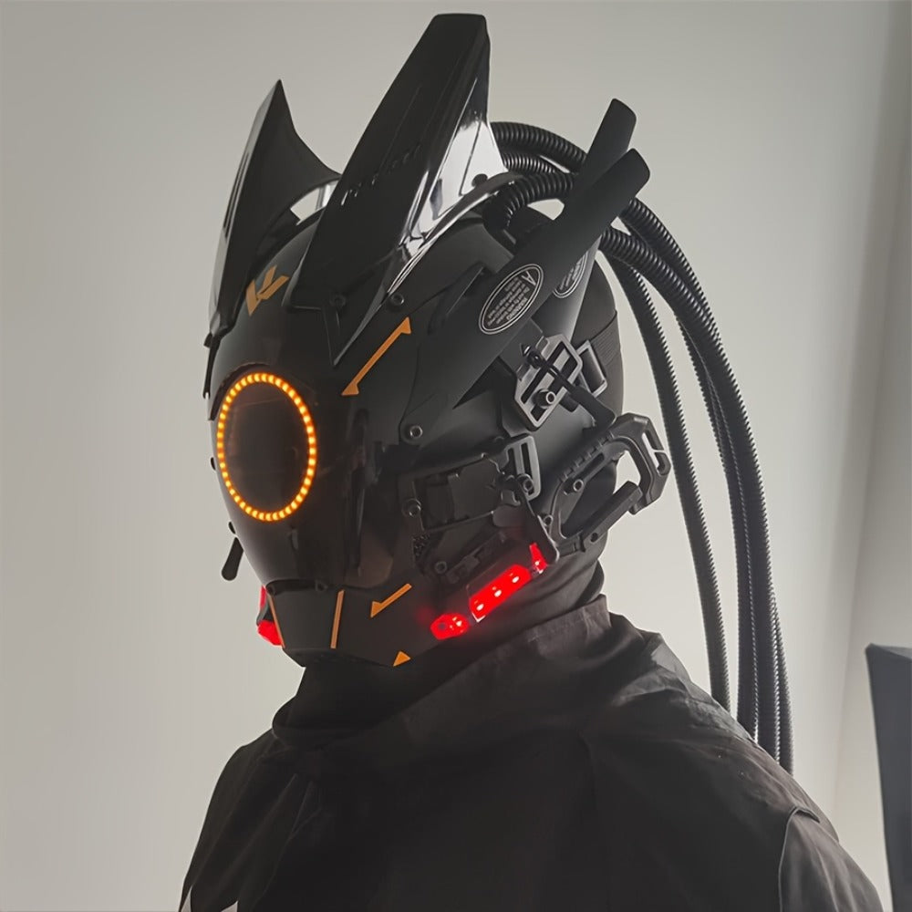 LED Cyberpunk Samurai Mask with Braids, Futuristic Sci-Fi Mechanical Face Mask for Halloween, Cosplay