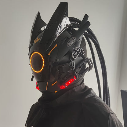 LED Cyberpunk Samurai Mask with Braids, Futuristic Sci-Fi Mechanical Face Mask for Halloween, Cosplay