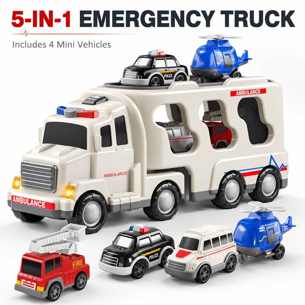 Ambulance Carrier Truck Toy Set 5-in-1 with Light & Sound for Kids Ages 3-8 with the Listed Color, Size or Set Options for Everyday Use
