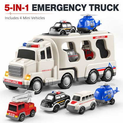 Ambulance Carrier Truck Toy Set 5-in-1 with Light & Sound for Kids Ages 3-8 with the Listed Color, Size or Set Options for Everyday Use