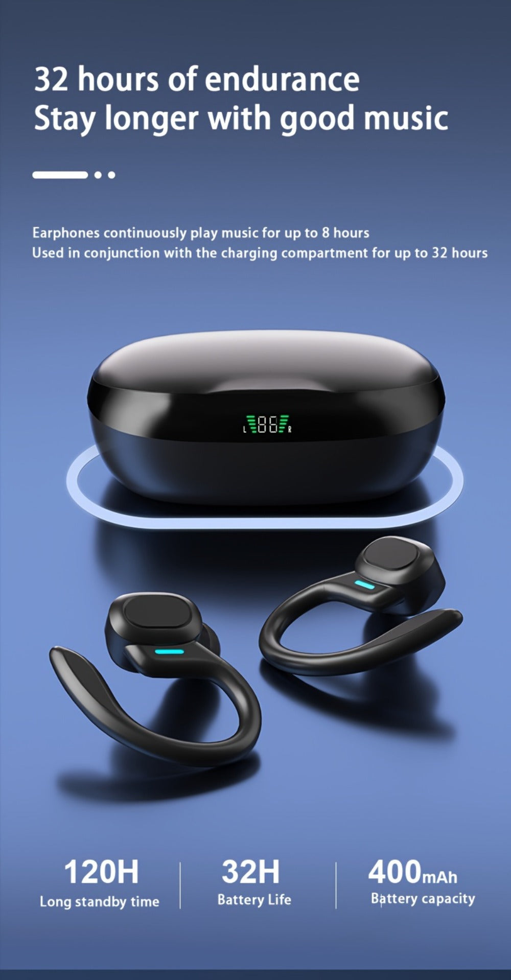 Wireless Earbuds Bluetooth 5.4 Open-Ear Sport Hooks with LED Charging Case in Black or Pale Red