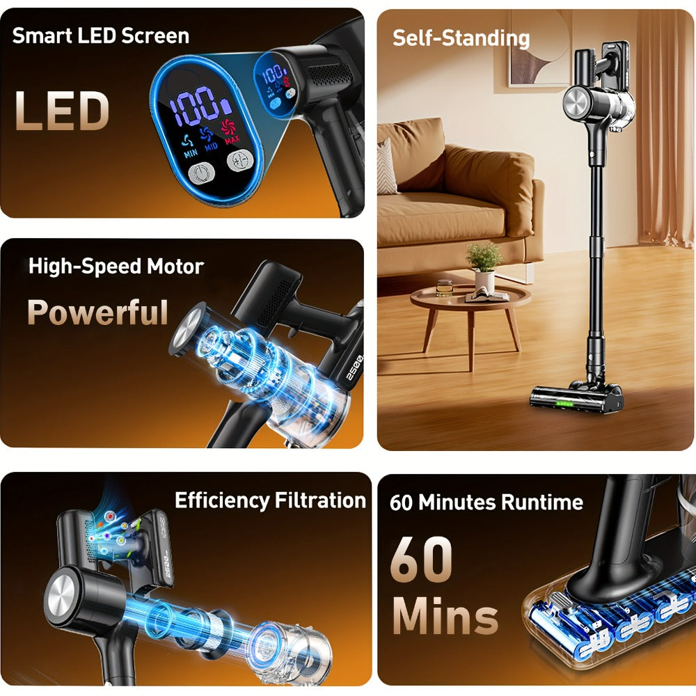 Cordless Stick Vacuum Cleaner 45KPA 8-in-1 with Anti-Tangle Brush Green Light Detection for Carpet Pet Hair Hardwood Tile Floor
