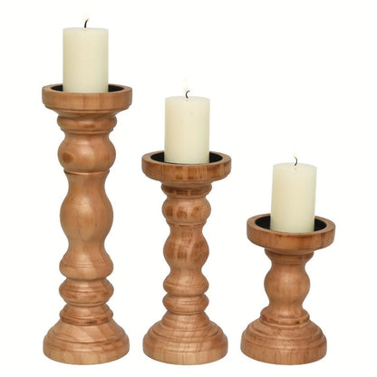 Wood Pillar Candle Holder Set of Three with Turned Pedestal Profiles, 16cm, 23cm and 30cm Heights in Three Finishes