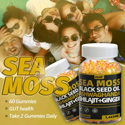 Immune Support Gummies with Sea Moss 1445mg, 10-in-1 Superfood Blend with Black Seed Oil, Ashwagandha