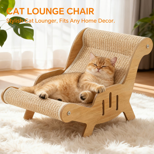 Cat Lounger Chair Elevated Sisal Rope Scratching Bed Wooden Frame Cat Hammock Beach Chair Indoor Nap Lounge Furniture for Cats Kittens Brown