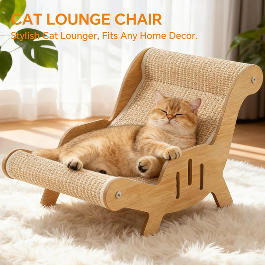 Curved Cat Lounger Chair with Wood Side Frame, Raised Feet and Continuous Beige Woven Sisal Surface
