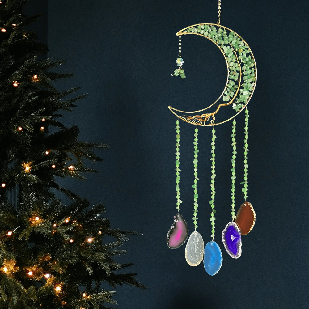 Moon Agate Tree Hanging Ornament Handmade Boho Suncatcher Wall Decor - Crystal Window Sun for Entryways, Bedrooms and Living Spaces