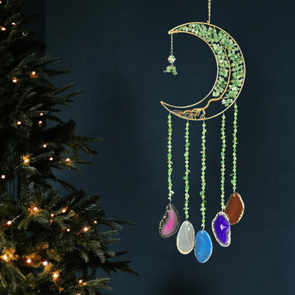 Moon Agate Tree Hanging Ornament Handmade Boho Suncatcher Wall Decor - Crystal Window Sun for Entryways, Bedrooms and Living Spaces