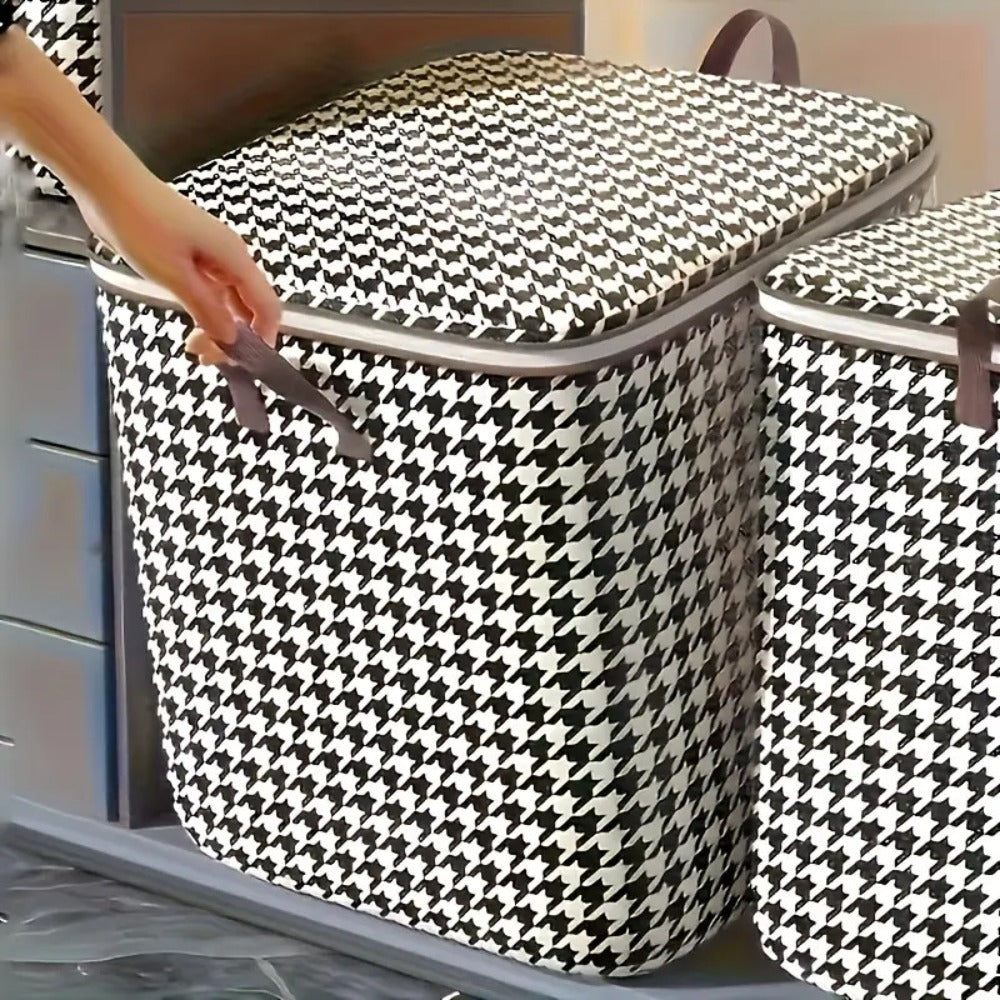 Four-Piece Houndstooth Fabric Storage Box Set with Handles, Double Zippers and Black-and-White Pattern