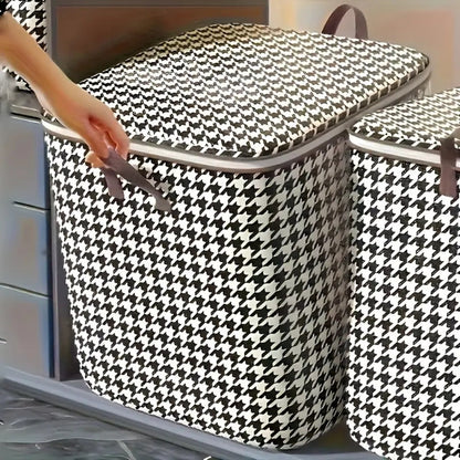 Four-Piece Houndstooth Fabric Storage Box Set with Handles, Double Zippers and Black-and-White Pattern