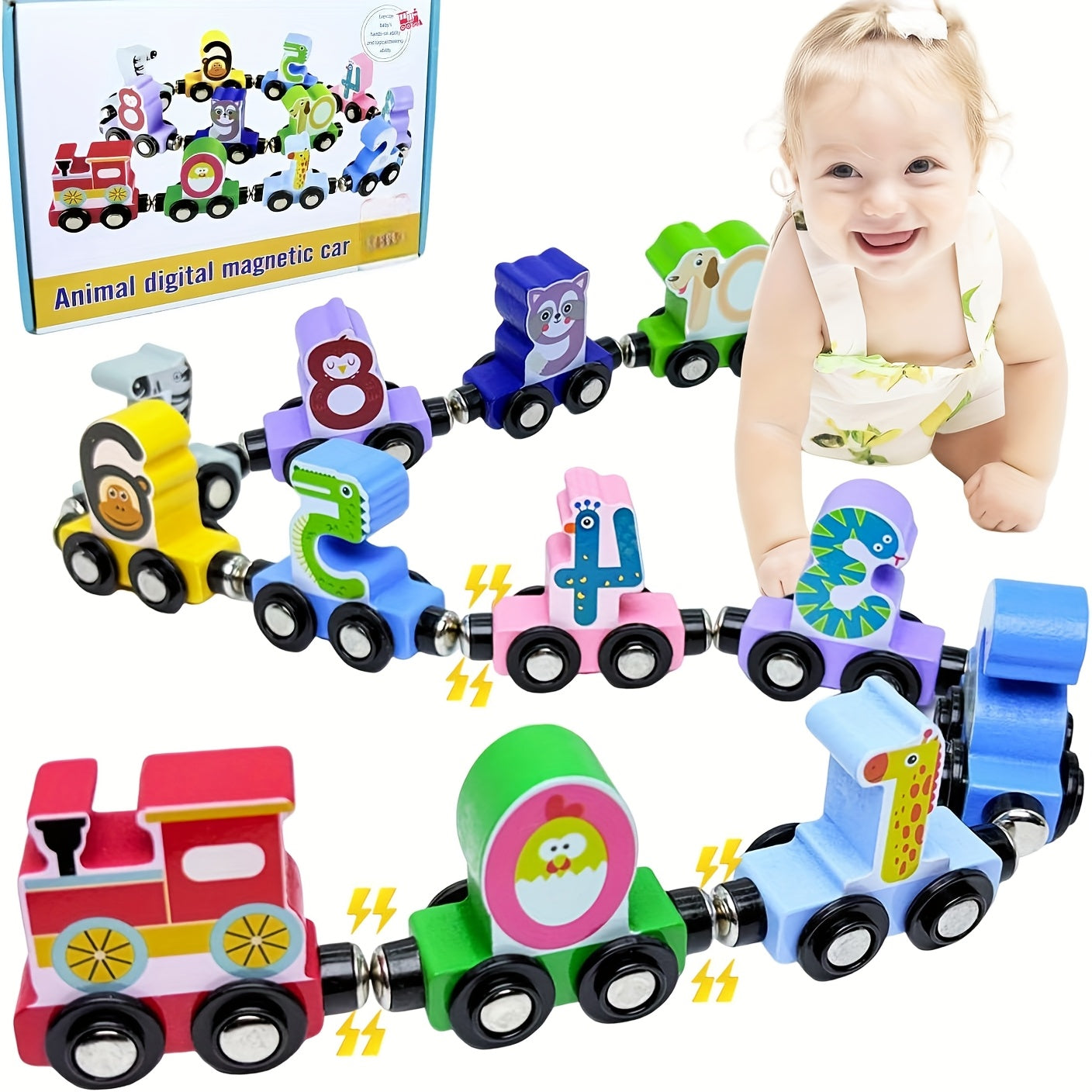 Magnetic Wooden Animal Train Set 12pcs with Storage Bag, Number & Animal Learning Toy for Toddlers Ages 1 2 3