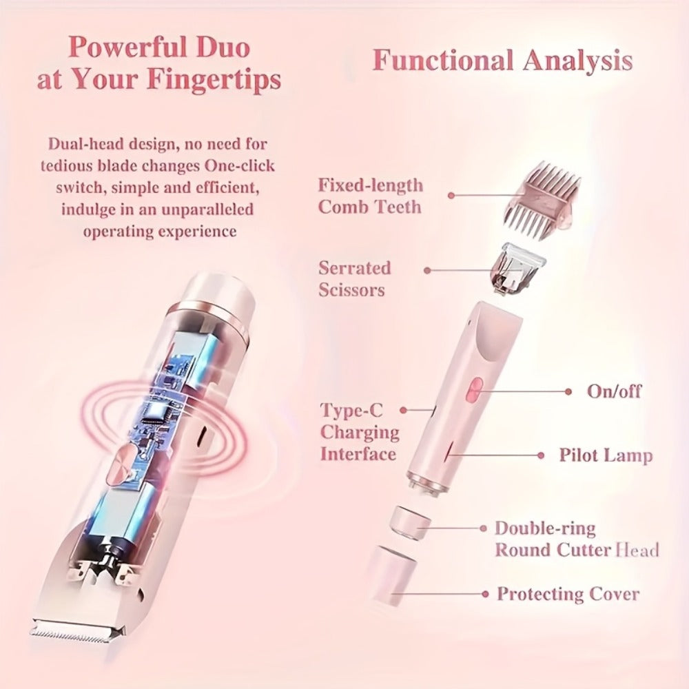Bikini Trimmer Electric 2-in-1 Rechargeable Dual-Head Face Shaver for Women – Stainless Steel Blade USB Cordless Hair Remover for Bikini