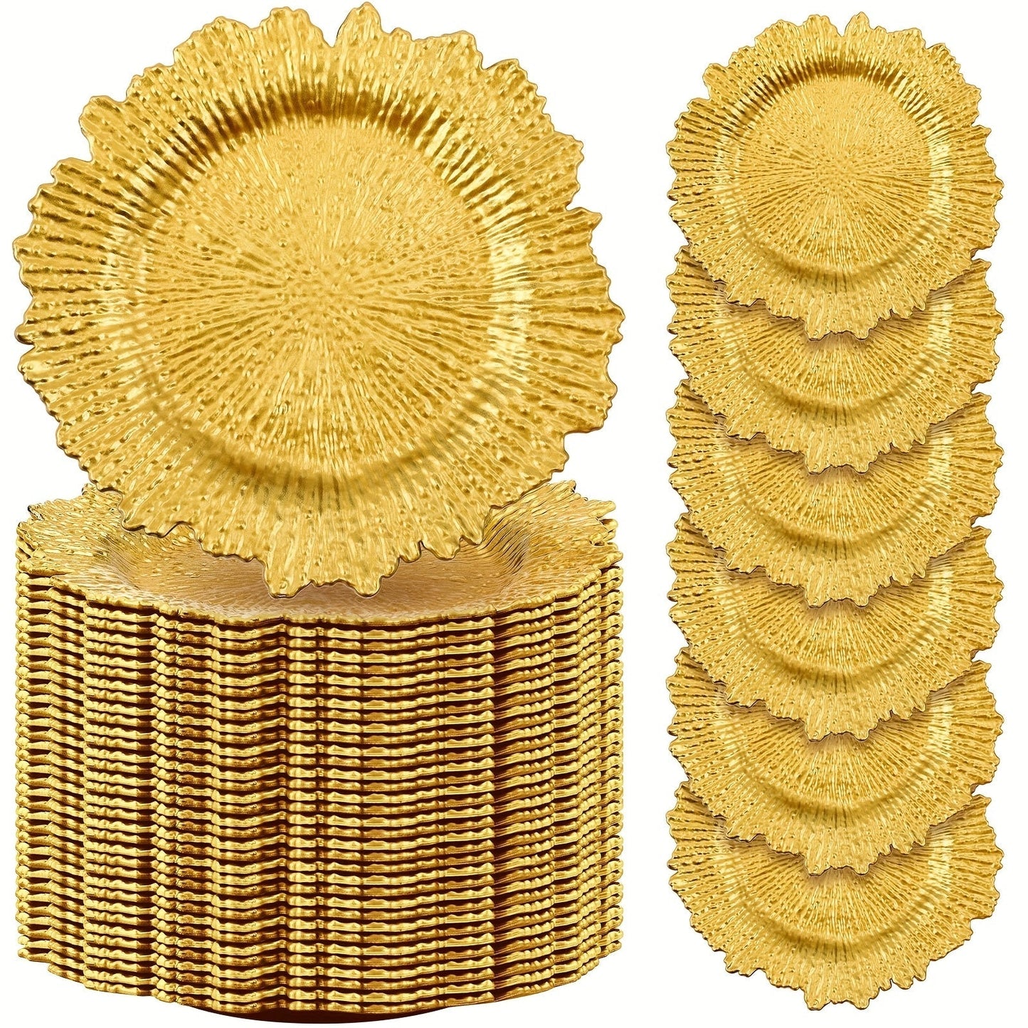 Wedding Plates 100pcs, 13 Inch Plastic Floral Decorative Plates with Metallic Ruffled Rim, Bulk Party Plates for Wedding