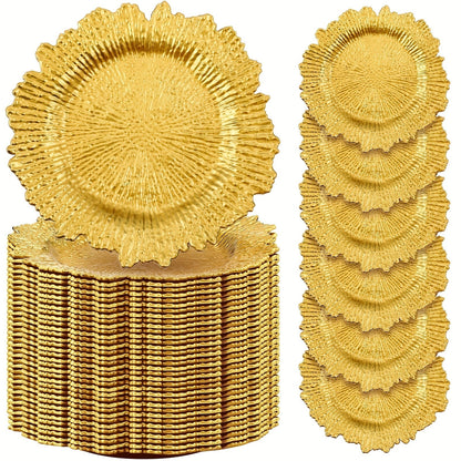 Wedding Plates 100pcs, 13 Inch Plastic Floral Decorative Plates with Metallic Ruffled Rim, Bulk Party Plates for Wedding