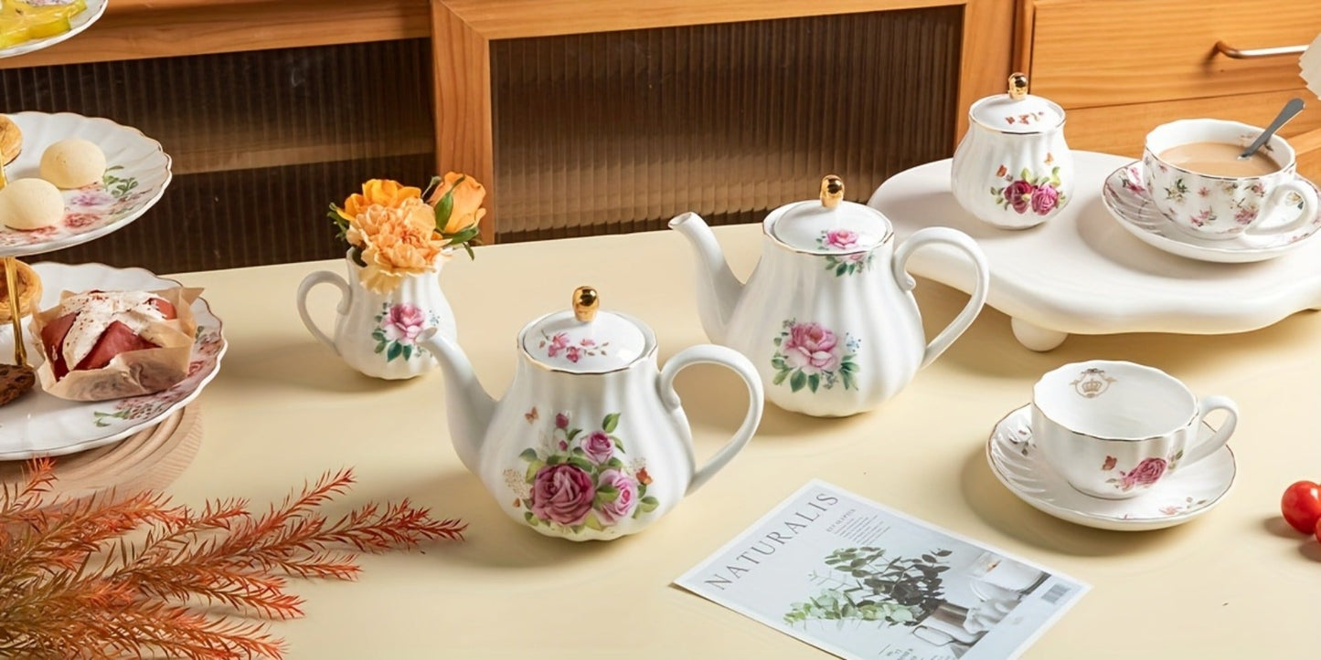 Porcelain Tea Set Service for 6 British Royal Floral Design with Teapot Sugar Bowl Cream Pitcher Teaspoons Tea Strainer 8oz Cups Saucers