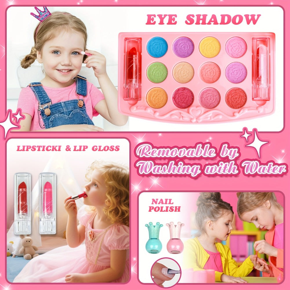Kids Makeup Kit for Girls Ages 5-12, 48PCS Princess Pretend Play Cosmetics Set, Eyeshadow, Blush