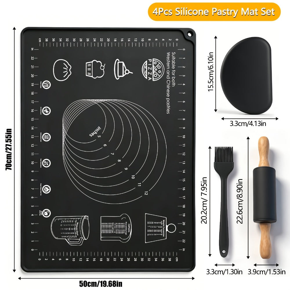 Silicone Baking Mat Set 4pcs, Extra Thick Non-Stick Pastry Mat with Measurement Scales, Non-Slip Dough Kneading Mat, Includes Rolling Pin