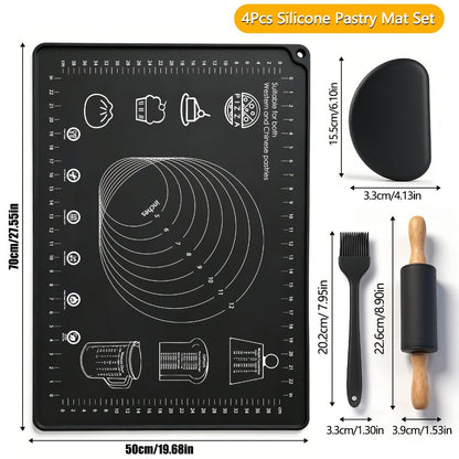 Silicone Baking Mat Set 4pcs, Extra Thick Non-Stick Pastry Mat with Measurement Scales, Non-Slip Dough Kneading Mat, Includes Rolling Pin