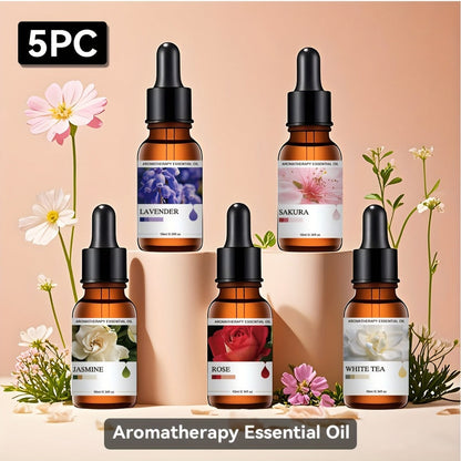 Five-Bottle Essential Oil Gift Set with Three Floral, Botanical or Citrus Scent Assortments