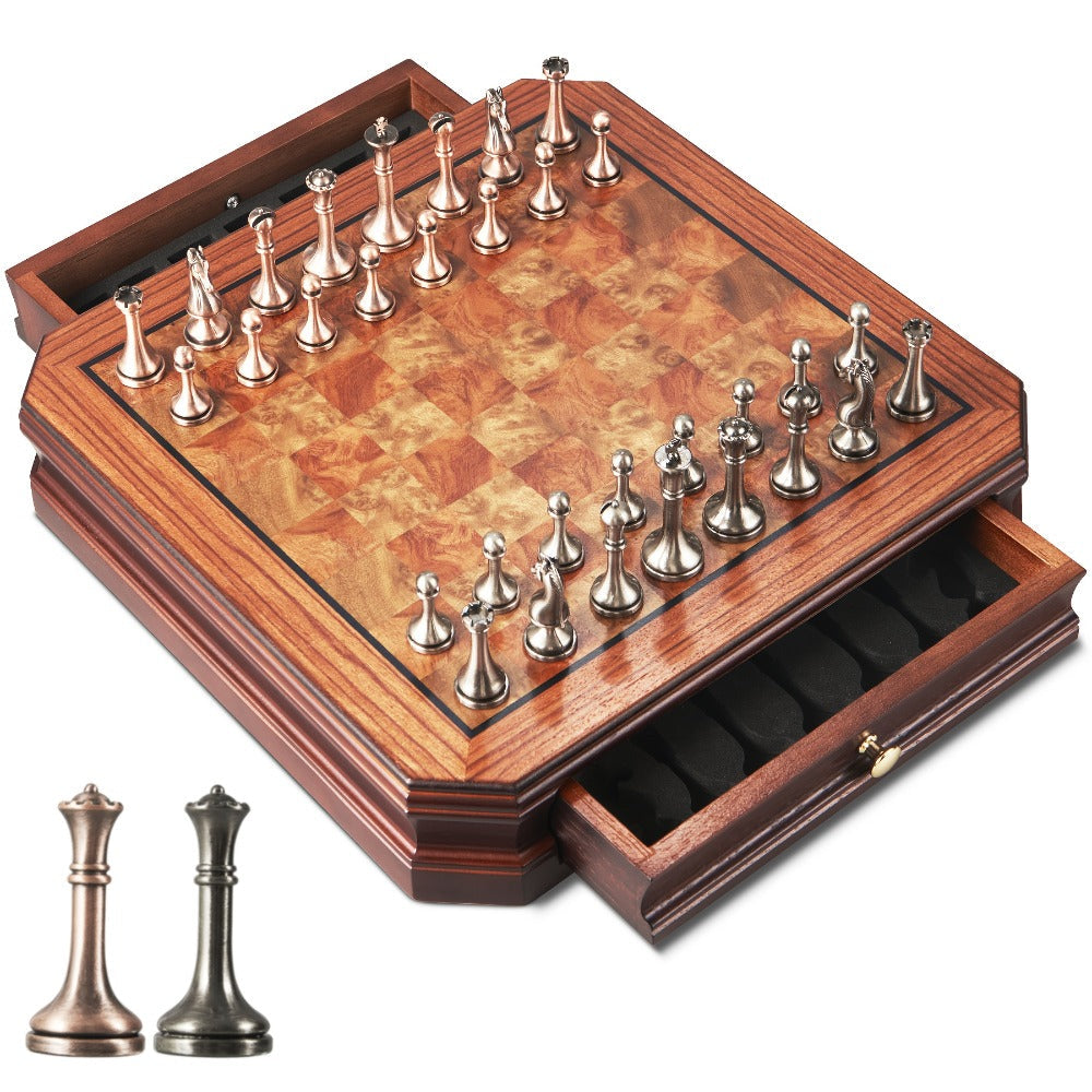Wooden Chess Set with Metal Pieces & Storage Drawers 12 Inch – 2.5" Kings 2 Extra Queens Vintage Mahogany Board for Adults Beginners