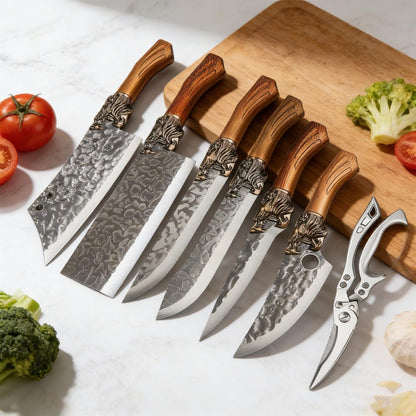 Kitchen Knife Set 4- or 7-Piece Forged Stainless Steel with Boning, Slicing, Butcher Knives, Shears and Rack Options
