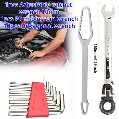 Wrench Set 10-Piece Multi-Function, 8 Hex Wrenches, Flare Wrench & 10mm Ratchet Wrench, Chrome Vanadium Steel