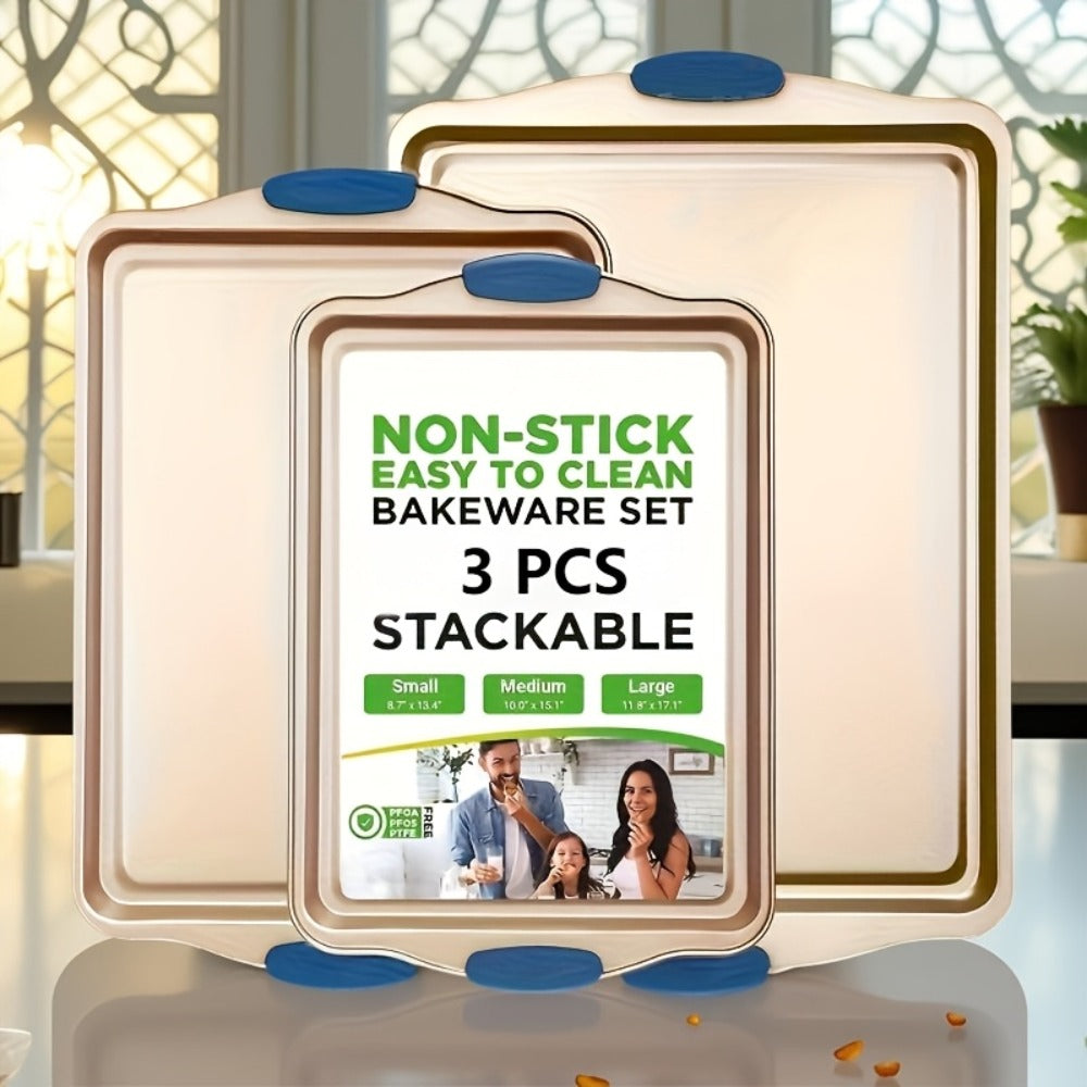 Nonstick Baking Sheet Set with Silicone Handles, Carbon Steel Cookie Sheet Pan Set in Assorted Sizes